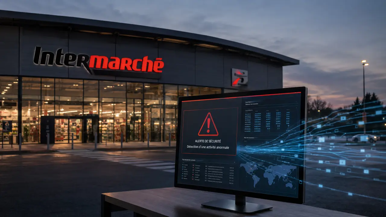 Illustration d'une fuite de données d’une Cyberattaque massive chez Intermarché impactant les serveurs de retrait drive en 2026.